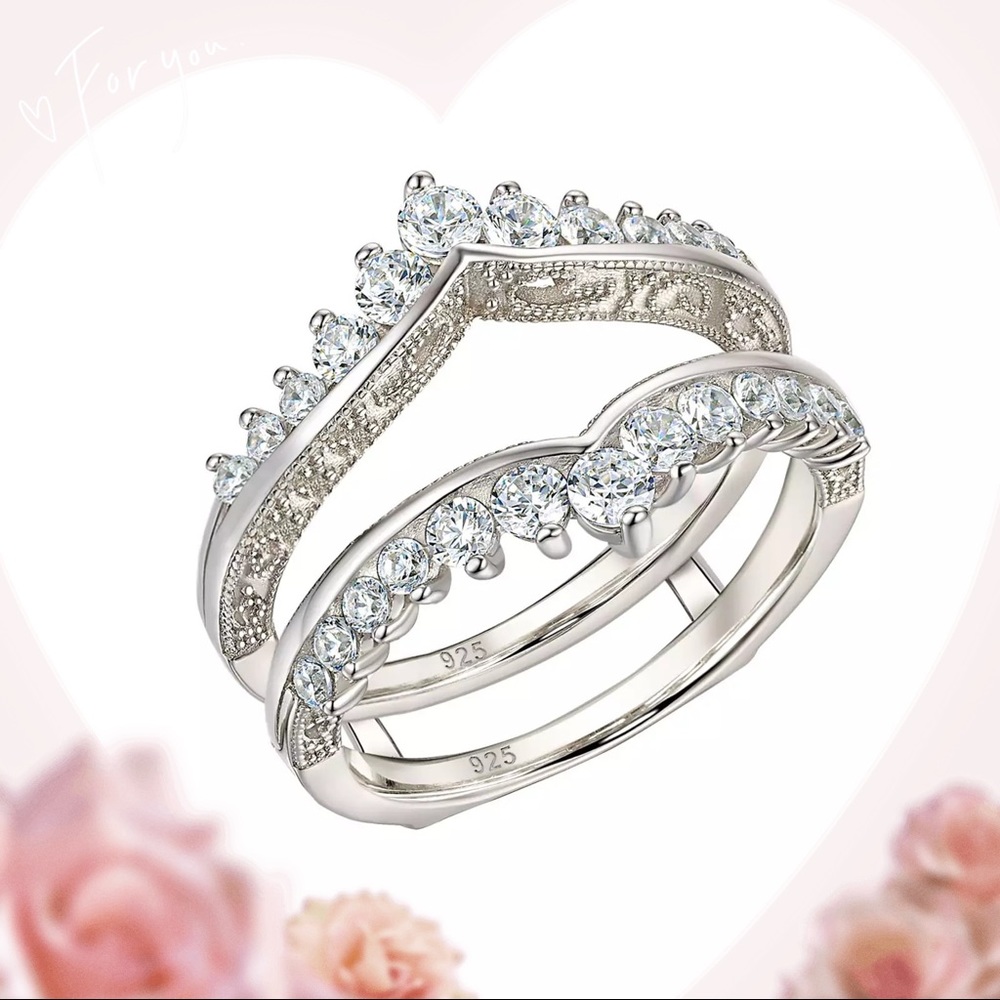 💖 Double tiara crown wedding bands Cage Cluster Enhancer Guard bridal Ring